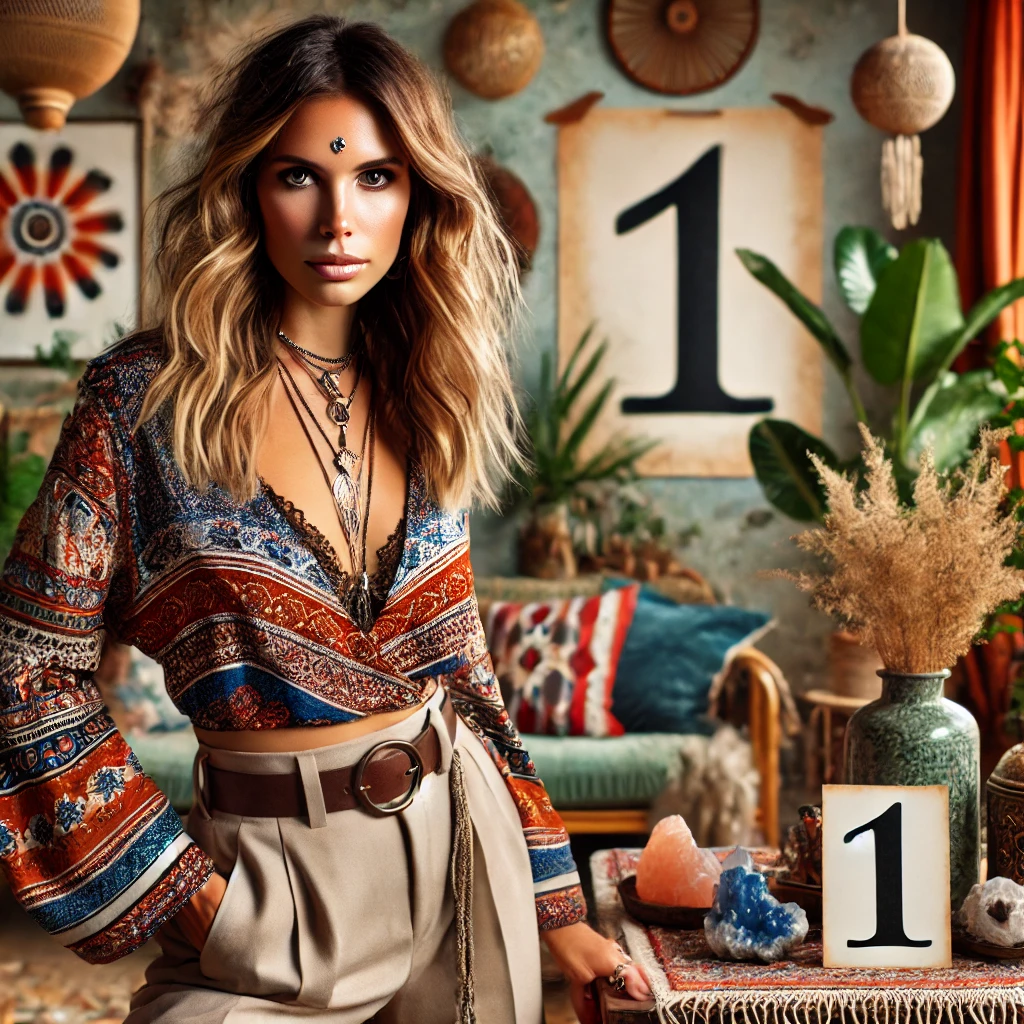 1 image of a beautiful Swedish woman in a boho-style room with crystals in the background, representing the qualities of Life Path Number 1 in numerology