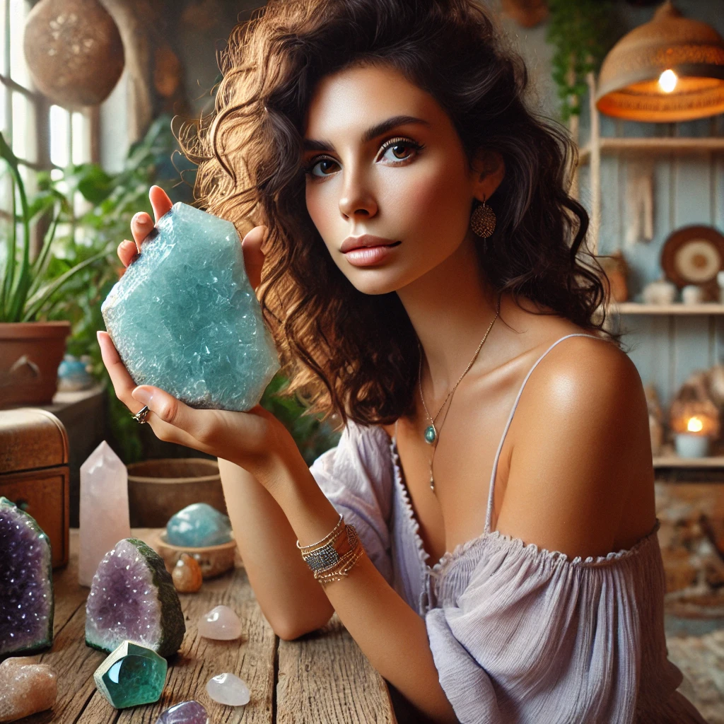 a beautiful Greek lady in a boho-style room, holding a large aquamarine stone with healing crystals in the background