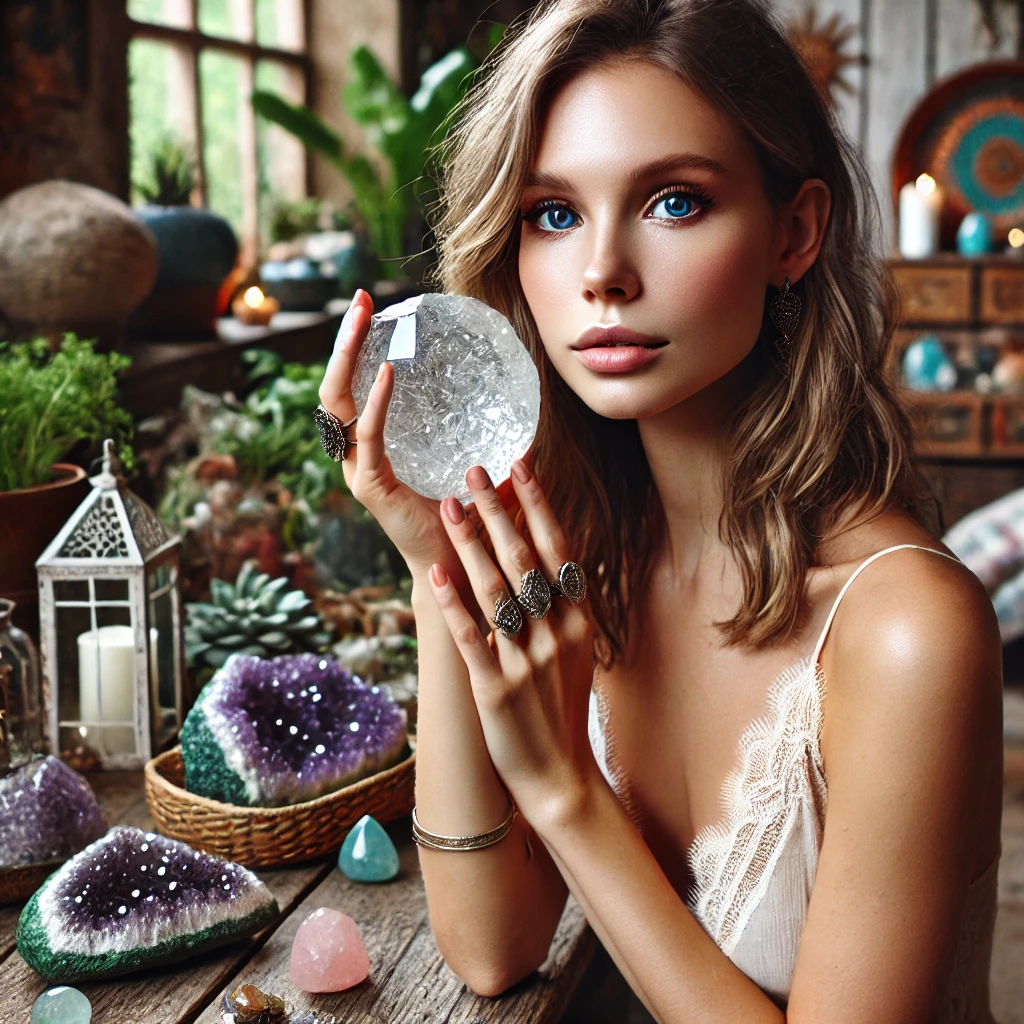 a beautiful Swiss lady in a boho-style room, holding a large zircon stone with healing crystals