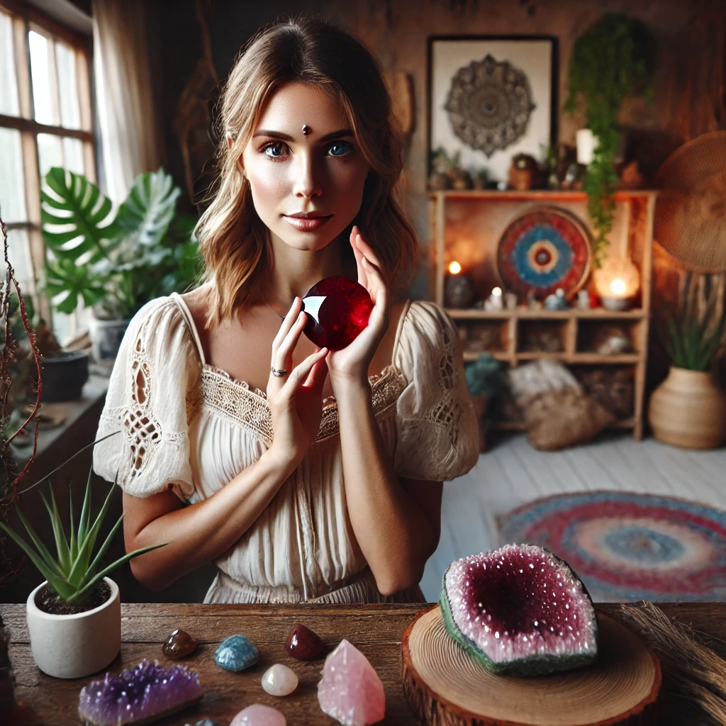 ruby a beautiful Swiss lady in a boho-style room, holding a large ruby stone with healing crystals in the background