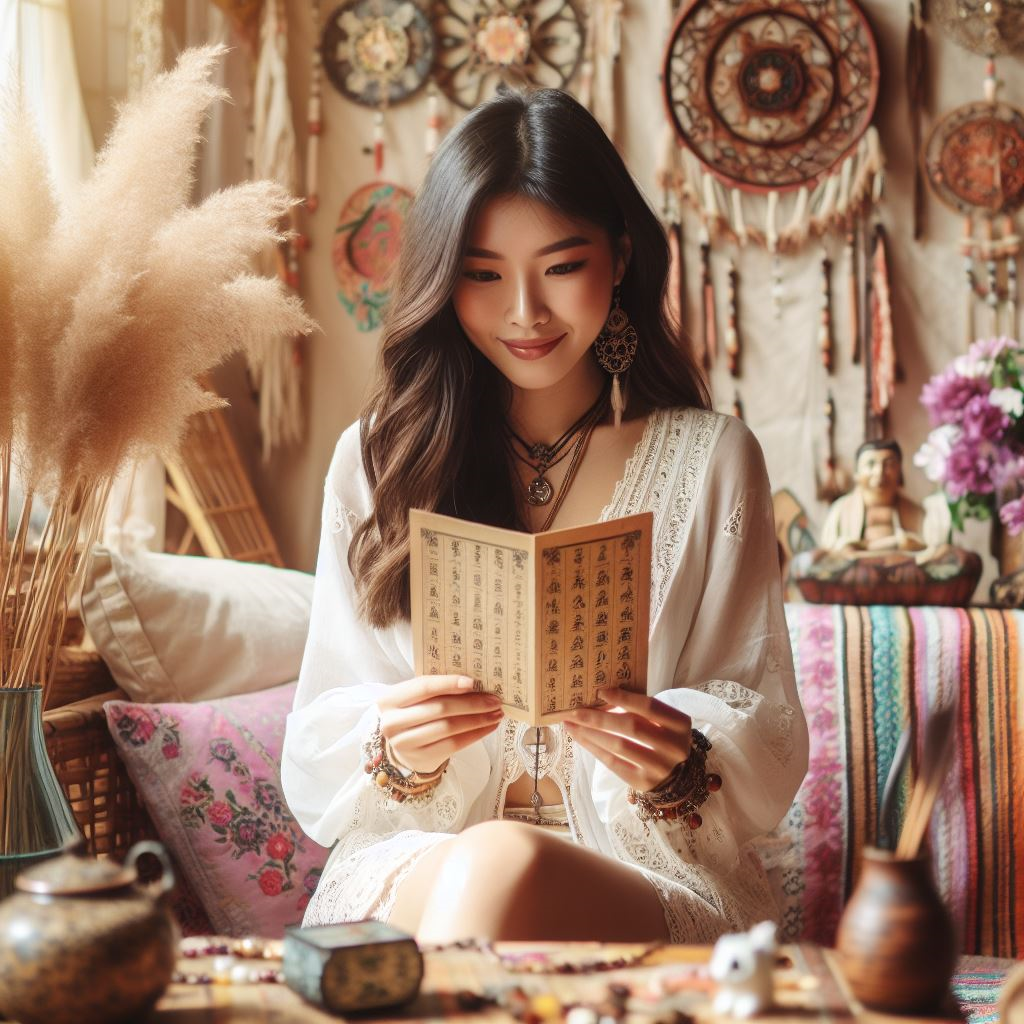 Can Numerology Help in Education? 42 A beautiful Asian woman reading number in a boho room 1