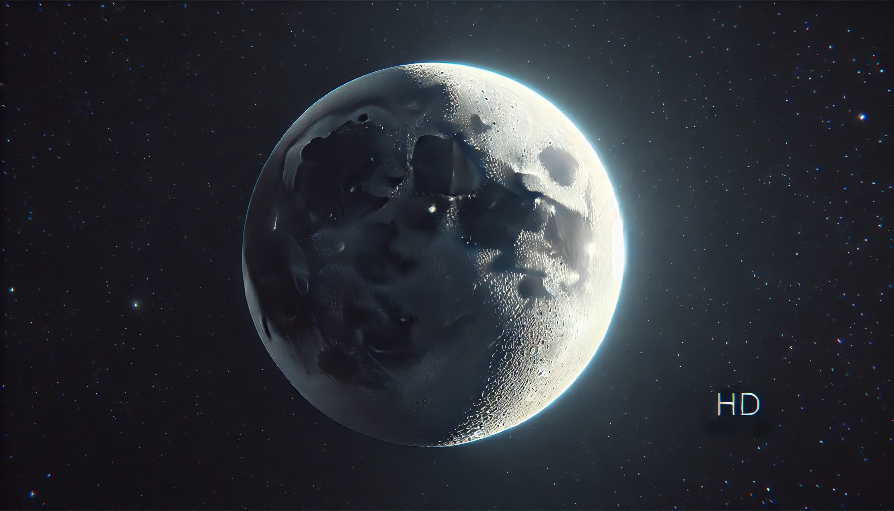 The moon in its Waxing Crescent phase, with a slim crescent of light visible against a dark, starry sky. 