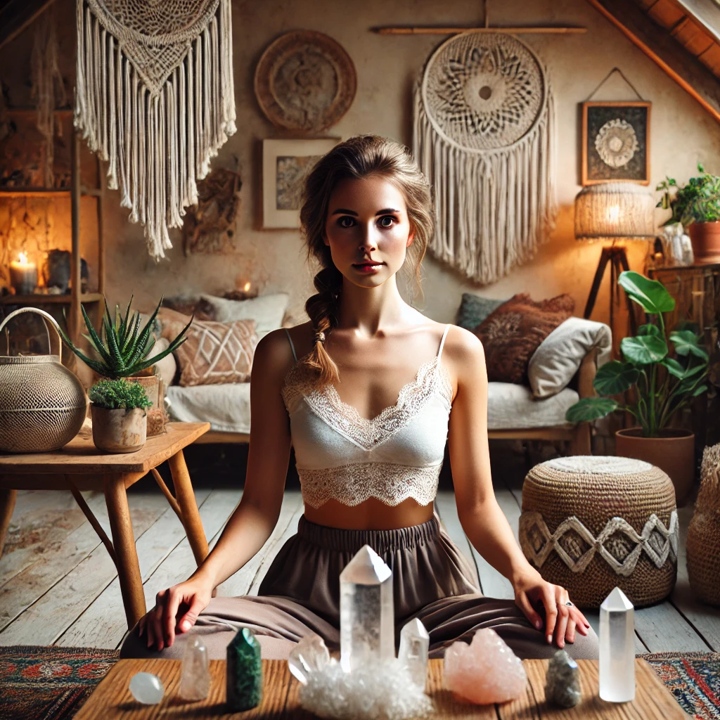 A Latvian woman meditating in a boho-style decor room, surrounded by crystals. She has fair skin, light brown hair tied in a loose braid, and a serene