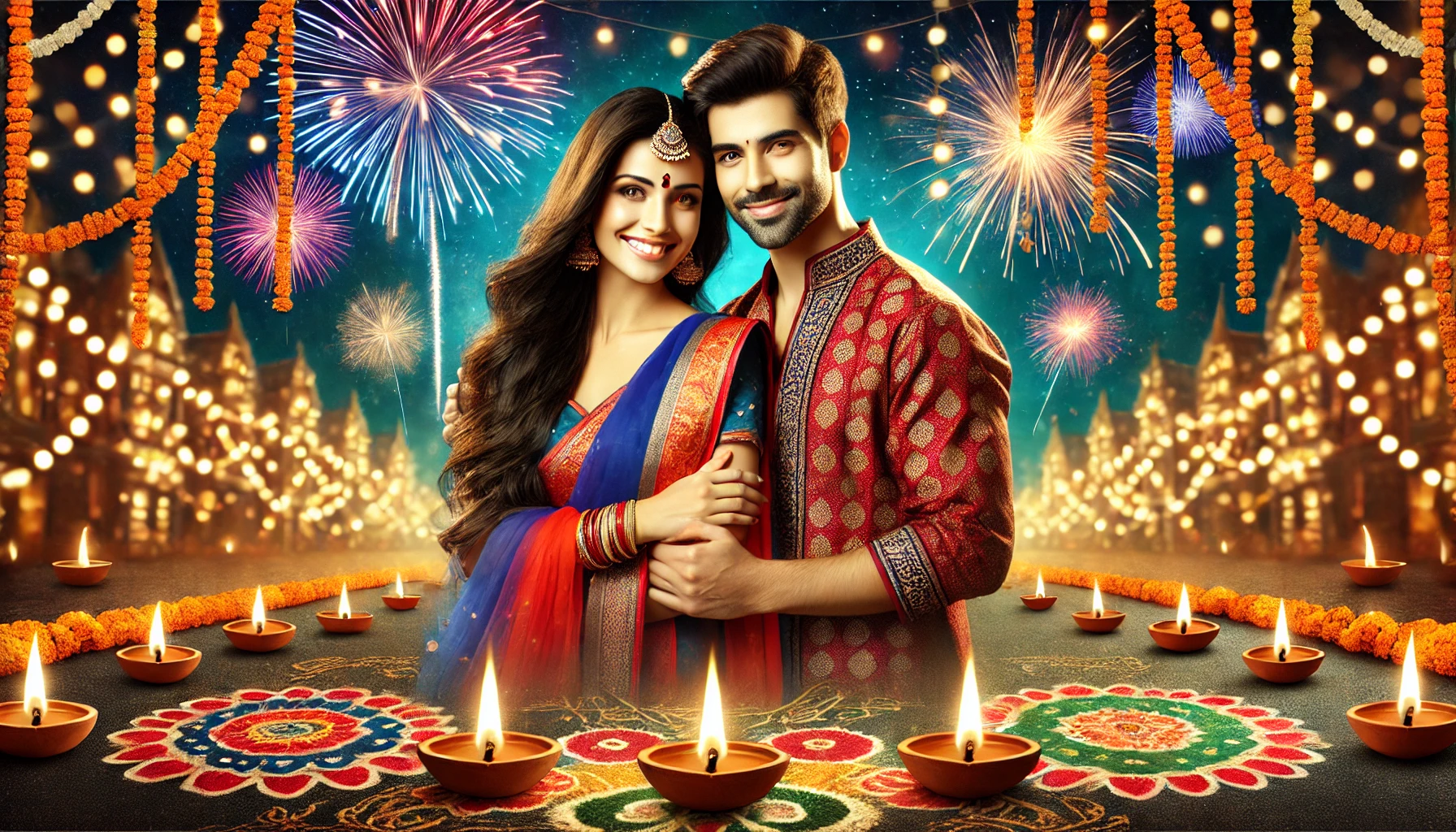 A beautiful Indian man and woman celebrating Diwali festivities.