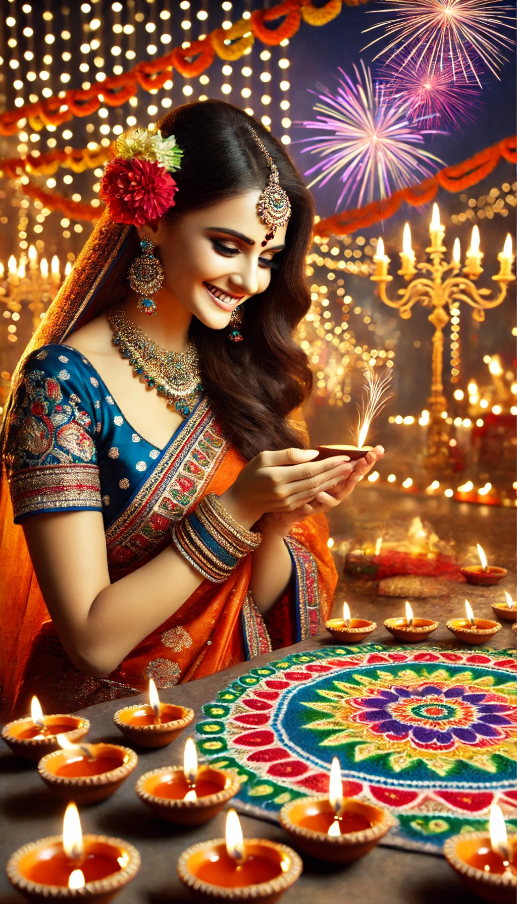 A beautiful Indian woman celebrating Diwali festivities. She is dressed in a vibrant and colorful saree, adorned with traditional jewelry.