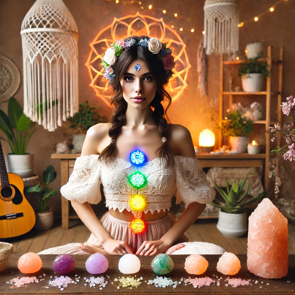 woman meditating in a boho-style decor room, surrounded by the 7 chakra symbols softly glowing in their respective colors