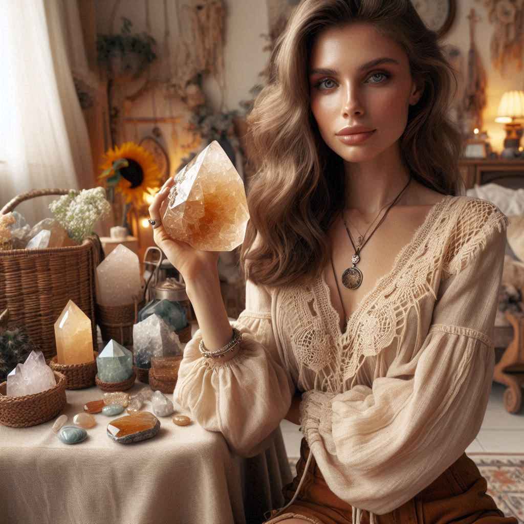 A beautiful european lady in a boho room holding a large Citrine stone in her hand and other healing crystals in the background
