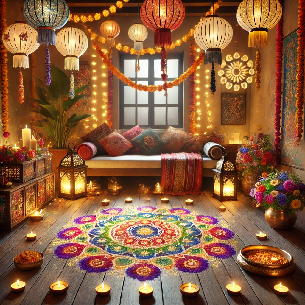  A cozy room decorated for Diwali, filled with festive decorations. The room has colorful string lights, hanging paper lanterns, and vibrant flowers