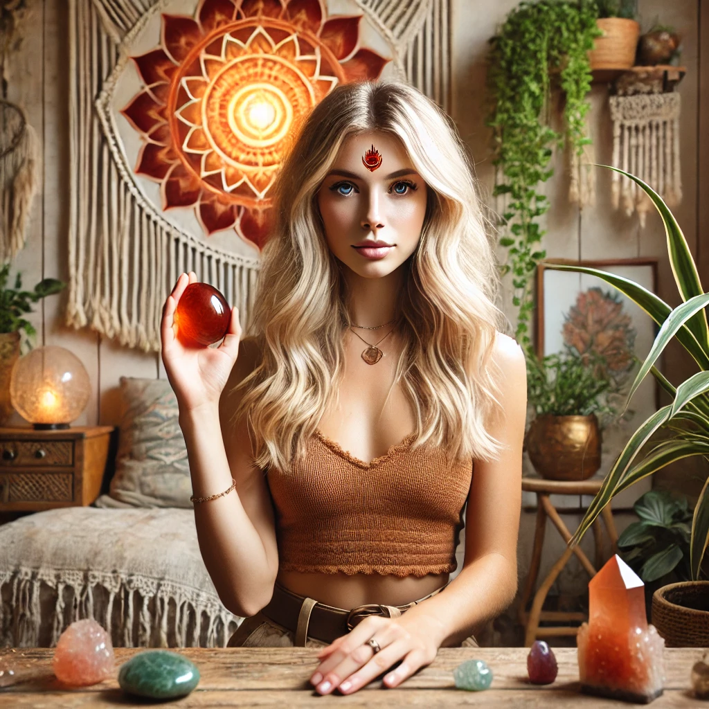 The Mystical Power of the 7 Chakras: How Crystals Can Help You Align Your Energy 7 woman meditating in a boho-style decor room, holding a Carnelian stone delicately in her hand, with a glowing depiction of the Sacral Chakra