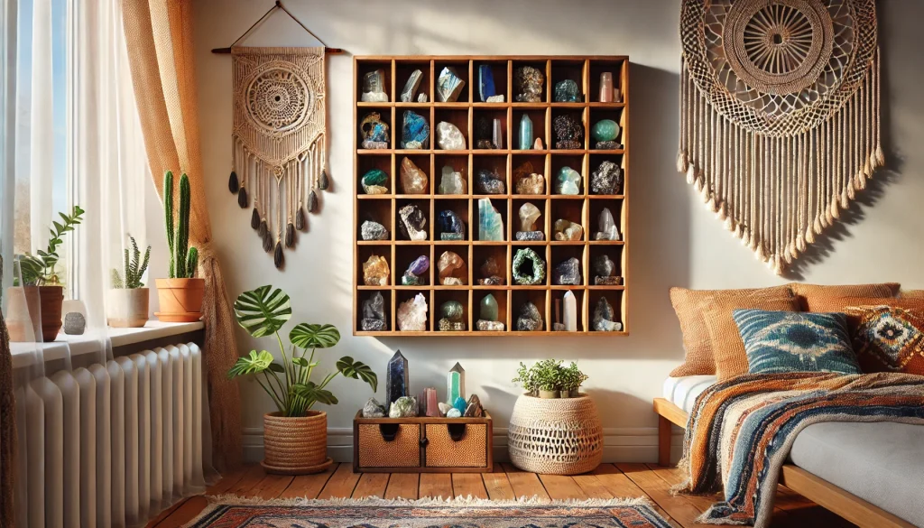 How to Start a Crystal Collection 7 crystal grid boho-style room with a wooden grid shelf mounted on the wall. The shelf is divided into 20 small square compartments, each holding a unique cry
