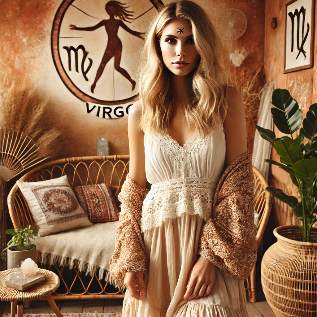 Angel Number 111 Twin Flame Meanings 15 Virgo zodiac symbols A beautiful blonde woman in a boho-style room, decorated with warm earthy tones, rattan furniture, and soft textiles. The Virgo zodiac symbols are dis