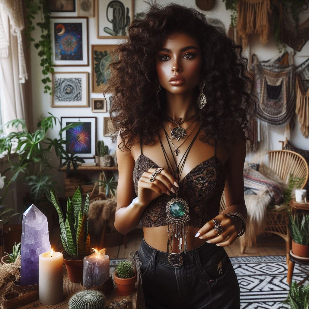 A beautiful tarot woman in a boho room