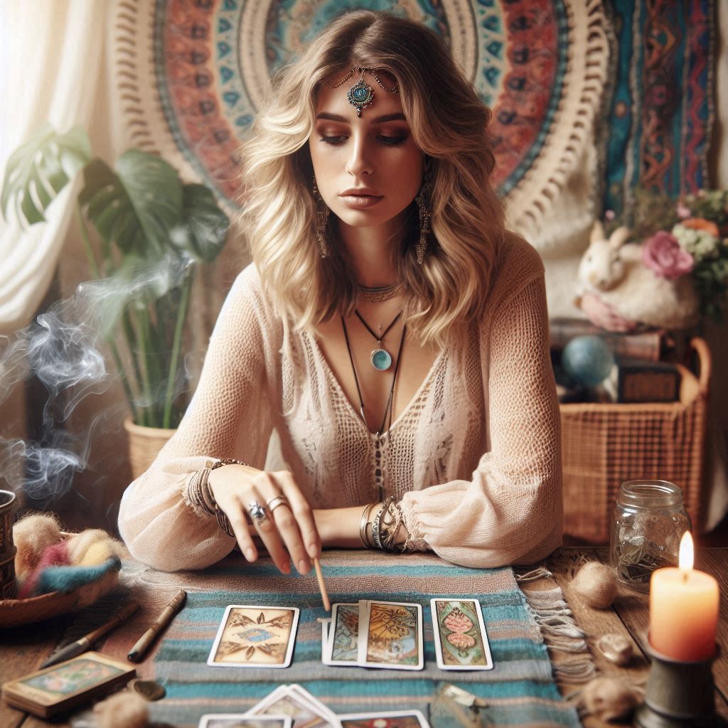 Spiritual Self-Care with Online Tarot: A Beginner’s Guide 5 a beautiful European woman dealing tarot cards in a boho room