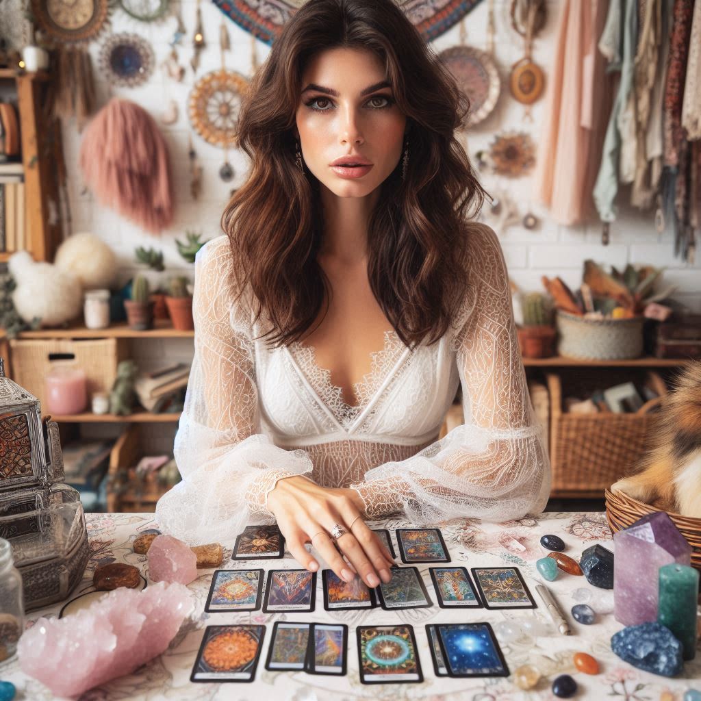 a beautiful middle-aged woman dealing tarot cards in a boho room full of gemstones and crystals